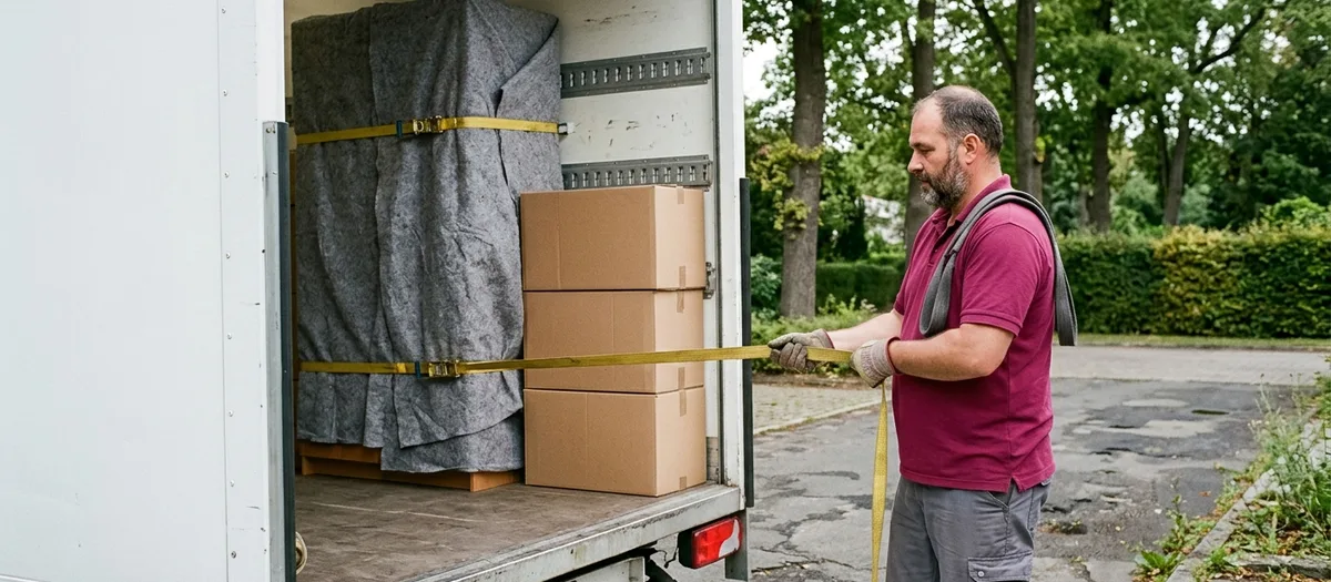 Blick in die Ladefläche eines Umzugswagens: ein in Decken gewickelter Kleiderschrank steht mit Spanngurten gesichert an der Bordwand, davor gestapelte Kartons, ein Träger zieht auf der Ladebordwand einen Gurt fest.