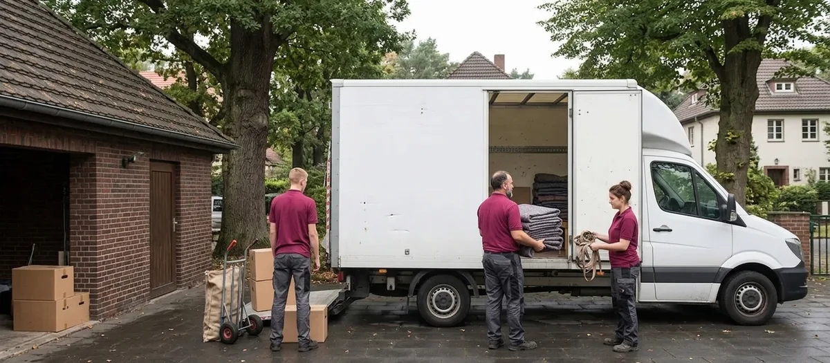 Drei Umzugskräfte laden auf einem gepflasterten Hof neben einem Klinkergebäude gefaltete Umzugsdecken und Spanngurte durch die Seitentür in einen weißen Kastenwagen, daneben stehen eine Sackkarre und Kartons.