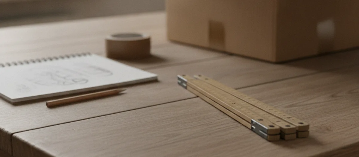 Auf einem Holztisch liegen ein aufgeklappter Zollstock, ein Notizblock mit blassen Bleistiftstrichen, ein Bleistift und eine Rolle Packband, dahinter ein halb gepackter Umzugskarton.