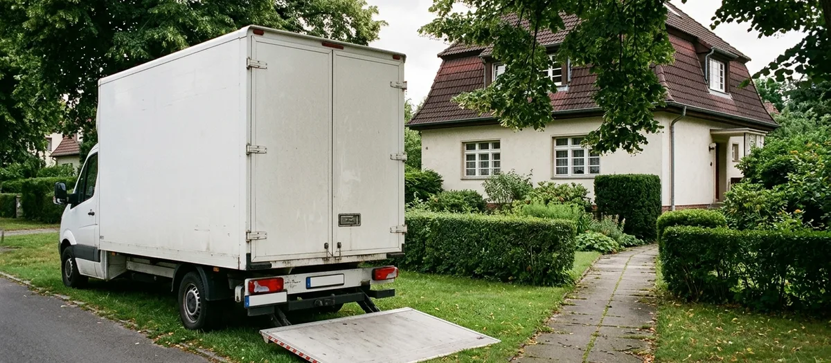 Umzugswagen mit heruntergelassener Ladebordwand steht am Grasstreifen einer schmalen Anliegerstraße ohne Gehweg, daneben führt ein langer Plattenweg zwischen Hecken zum Hauseingang, über der Fahrbahn hängen Äste alter Bäume.